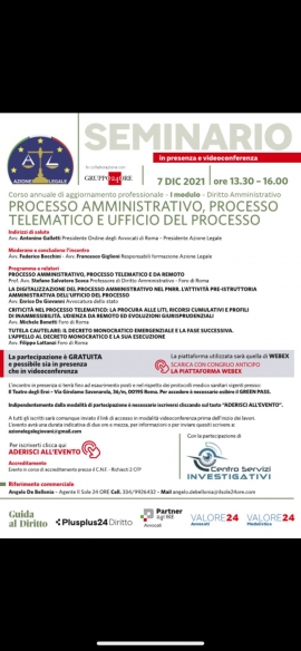 Processo amministrativo, processo telematico e Ufficio del processo &ndash; Evento posticipato al 17 dicembre 2021